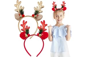KUAOWT Serre Tete Noel Renne, 2 Pièces Paillettes Serre-Têtes Noël en Bois de Cerf pour Femme Fille Enfant, Rouge Or Bandeau Cheveux d'élan pour Fêtes de Noël Nouvel An Cosplay Déguisement Accessoires