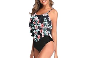 Genfien Damen Badeanzug Rüschen Zweiteilige High Waist Bikini mit Hoher Taille Bademode Volant Bedruckt Badeanzug