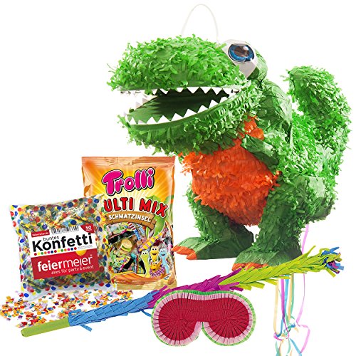 PINATA-SET: Pinata Süßer T-Rex Dino + Schläger + Maske + Trolli Süßigkeiten-Füllung + Konfetti - PARTYMARTY GMBH®