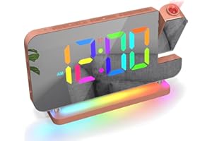 Euakee Reloj Despertador Digital con Proyección, Reloj con Espejo LED de 7,4″, Luz Nocturna de 10 Colores, Proyector Giratorio 180º, Cargador USB-C, para Dormitorio Infantil Niñas Niños (Oro Rosa)