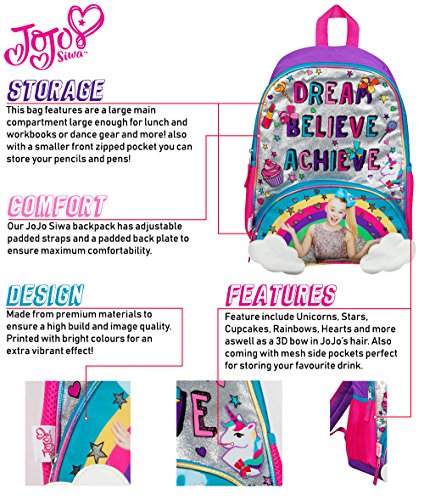 JoJo Siwa Sac à dos sac à bandoulière Sac à dos sac à dos Grand sac à dos à imprimé Poket Arc-en-ciel, nuages ​​et paillettes Détails Sac parfait pour l'école, les vacances ou la danse