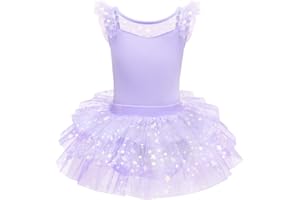 IMEKIS Vestito da Danza Classica per Ragazze con Maniche a Mosca Costume Balletto Leotard Stampa Stelle Lucide Body Gonna Tutu Ruffle Ginnastica Dancewear
