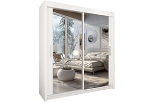 STYLE HEAVEN UK LTD Style Heaven Modern Sliding Door Wardrobe for Bedroom,Matt Finish,2 Mirrored Sliding Doors wardrobes 6 Adjustable Shelves &2 Hanging Rail, made of MDF Chipboard,aluminium Handles Chicago(150cm White)