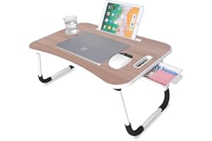 unycos - Plateau de Petit Déjeuner, Table de Lit Pliante Multifonctionnel, Plateau Bois, Support Ordinateur Portable avec Poignée, Porte-gobelets, Porte-Tablette 60 x 40 x 26 cm (avec Tiroir)