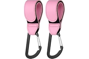 HONZUEN 2PCS Baby Buggy Clips for Pram, Leather Style Pram Clips for Bags with Carabiner Hook, Heavy Duty Stroller Hooks for Pushchair Stroller, Shopping Bags, Handbag (Pink)