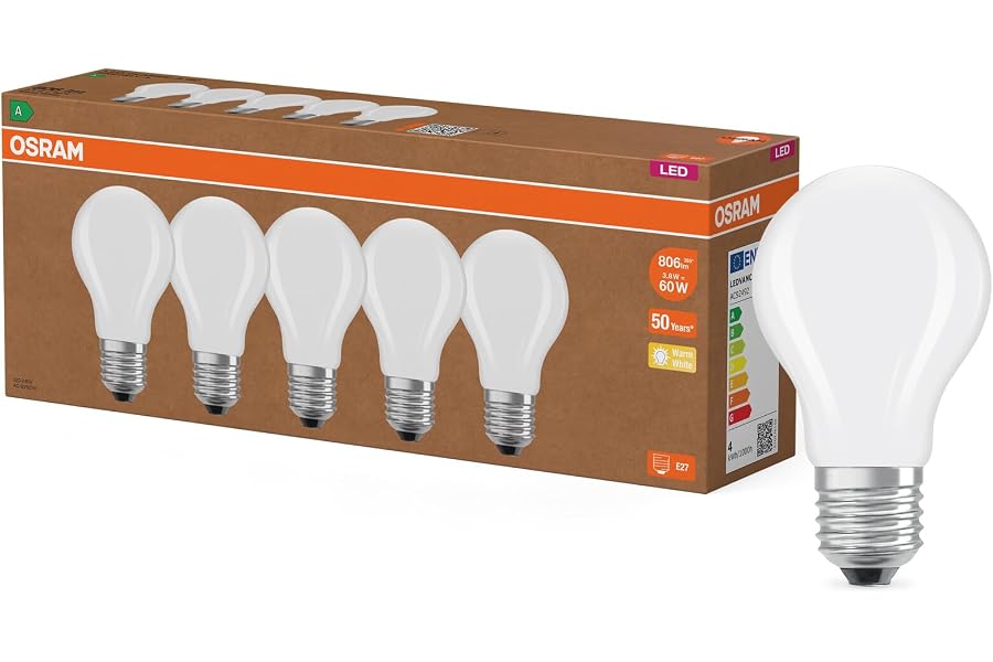 Osram Hocheffiziente LED Lampen mit Energieeffizienz Klasse A, Vorteilspack mit 5 Leuchtmittel, ersetzt herkömmliche 60W Glühbirnen, warmweiß(2700K), E27, mattes Glas