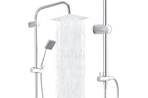Trintion Regendusche Duschsystem 20 * 20cm Duschsets Duschstangen Duschmischer mit zwei Köpfen Verstellbare Kopfbrausen Duschköpfe Handbrausen-Sets mit Schlauch und Stange (Quadrat, Silber)