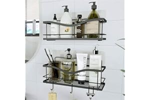 KINCMAX Shower Shelves 2-Pack - Self Adhesive Caddy with 4 Hooks - No Drill Large Capacity Stainless Steel Wall Shelf - Aesthetic Organiser for Inside Bathroom - Matte Black