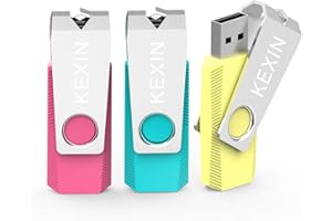 KEXIN Clé USB 2.0 64Go LED Lot de 3, avec Pince en Métal à 360°, Flash Drive Musique Pas Cher, 3 Pièces Pendrive Compatible pour Ordinateur ( Rose, Jaune, Cyan)