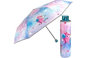 PERLETTI Ombrello Unicorno Bambina Mini - Ombrellino Pieghevole Bimba Rosa e Azzurro - Resistente Antivento con Apertura Manuale - Sicuro 5 6 7 Anni Cool Kids - Diametro 91 cm