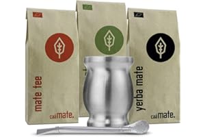 ‎CAÁMATE. Mate Tee Set Bio ● 3 Matesorten + doppelwandiger Edelstahl Matebecher + Bombilla + Zubereitungsanleitung (silber)