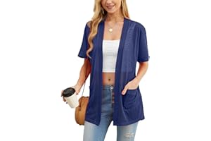 PrinStory Cárdigan ligero de manga corta para mujer, cárdigan de verano con bolsillo, casual, frente abierto, cuello en V, ropa exterior