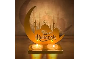 GEEKEO Decorazione Eid Ramadan Portacandele Lanterne Ramadan Decorazione luci DIY Con 2 Candele, Metallo Scritte Eid Luna Ornamenti Tavola Ramadan Eid Mubarak Lampada per Feste Musulmane Regalo per la casa