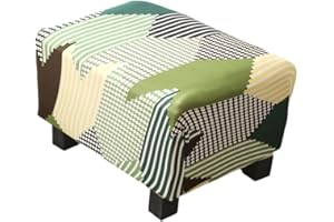 Highdi Ottoman Cover Rectangle Polyester Spandex, Stretch Footstool Slipcover, Stool Protector Cover with Elastic Bottom, Dustproof Removable Washable Footrest Pouffe Covers (green geometry)