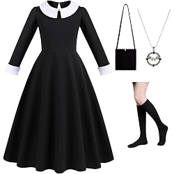 Wednesday Addams Kostüm-Set Für Mädchen – Komplett-Outfit Mit Kleid, Perücke, Tasche & Socken In Gr. 110-130