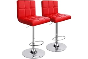 Leader Accessories 2 x Sgabello da Bar o Cucina in Similpelle, Regolabile e Girevole a 360°, con Schienale e Poggiapiedi, Struttura in Acciaio Cromato, Doppia cucitura quadrata, Rosso
