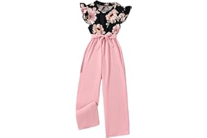 Tinarying Girls Romper Girls Floral Print Small Flying Sleeve Top Solid Color Waist Bow Wide Leg Trousers Jumpsuit