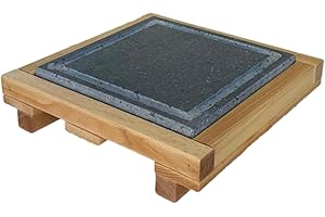 Mottinox Pietra Lavica Siciliana con Scolo, Quadrata 25x25cm, con Supporto Legno Faggio, Estraibile, Piastra Refrattaria per Cucinare (25x25cm) (MTX131)