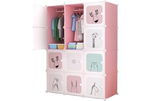 MAGIC SELECT Estantería de Módulos Infantil, Armario Modular, Ropero para Niños, Organizador Modular, Estante de Almacenamiento para Habitación, 12 Módulos, 140x105 cm, Rosa