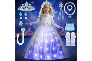 COYBTO Robe Princesse Fille, LED Robe Reine des Neiges Anna avec Perruque Lumineuse Couronne Princesse Ensemble, Deguisement Princesse Elsa, Robe de Princesse Elsa pour Carnaval