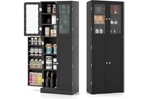 KOMFOTTEU Credenza da Cucina con Anta Multi-Stoccaggio, Mobile Cucina Dispensa con Dispositivo Antiribaltamento, Armadio di Stoccaggio, 60 x 31,5 x 161,5 cm, per Soggiorno, Sala da Pranzo (Nero)