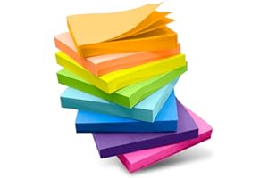 (8 blocs) Fluorescent Feuilles adhésives, Qhou 8 blocs de notes adhésives colorées, super stickies pour le bureau, la maison, l'école, les réunions,76 mm x 76 mm,100 feuilles/bloc