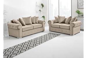 GENERIC Olympia Kashmir Plush Velvet Sofa - Corner Sofa - 3-Seater & 2-Seater Sofa for Modern Living Room - Button Tufted - Scatter Back (Cream, 3+2 Seater)
