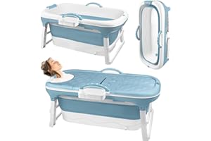 Kidsgigglz Baignoire Pliable pour Adulte, Baignoire Mobile avec Rouleaux de Massage, Siège de Baignoires Portable, Couvercle Amovible, Panier à Savon, pour Salle de Bain à Poser, 118x62x52cm