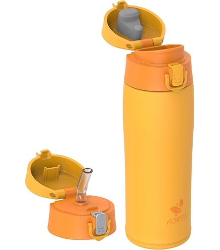 CHAKO LAB Borraccia con cannuccia e manico per il trasporto, bottiglie in acciaio inox a bocca larga isolate sottovuoto, riutilizzabile, a prova di perdite e senza BPA, 940 ml (viola e arancione