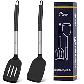 HOTEC Silicone Spatula Set of 2 High Heat Resistant and BPA Free with Stainless Steel Handles, Solid Slotted Spatulas for Non