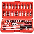 46 Pcs 1/4 Inch Screwdriver Drive Socket Bit Set Car Repair Tool with Reversible Ratchet Wrench Spinner Handle and Extension Bar Kit-Storage Case Chrome Vanadium Material For Automobile Bike/Bicycle