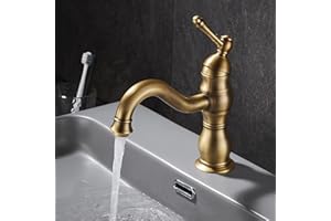 kisimixer Grifo Lavabo Vintage, Puede Girar 360 ° Grifo Monomando Lavabo, Grifo Baño Lavabo de Latón, Solo Agujero Grifo de Lavabo Baño Antiguo con Aireador, Acabado Dorado Estéril