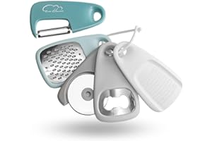 ESIE HOUZIE Kitchen Gadgets 5 Pieces Space Saving Kitchen Accessories Cheese Grater, Bottle Opener, Fruit/Vegetable Peeler, Pizza Cutter, Garlic/Ginger Grinder, Stainless Steel Camping Accessories (Blue)​