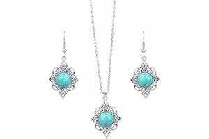 Dishowme Juego de collar y aretes de turquesa, collar con colgante de flor de piedras preciosas bohemias, 3 piezas, vintage, geométrico, gota de agua, disfraz occidental, joyería colgante para mujeres