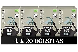 Cupper - Pack de 4 Cajas de 20 Bolsitas de Té Negro Ecológico Early Grey - Propiedades Estimulantes - Con un Toque Cítrico a Bergamota - Apto para Veganos