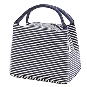 LQZ Fashion Stripe Picnic School Office Insulated Tote Lunch Bag for Women Men (Blue)