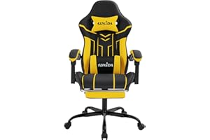 SUKIDA Fotel gamingowy, ergonomiczne krzesło gamingowe z podnóżkiem, ergonomiczne krzesło komputerowe z podparciem okolic lędźwiowych, kolor czarno-żółty