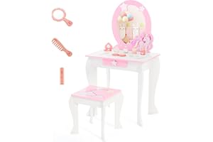 COSTWAY Mesa de Maquillaje con Taburete y Espejo para Niña, Tocador Princesa de Madera con Cajón, para Niñas de 3-7 Años (Blanco)