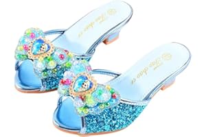 Monissy Reine des Neiges Princesse Elsa Mules Talon Haut Pantoufle Bouche de Poisson Paillette Deux Noeuds en Cuir Elsa Badge Crystal Incrusté Perles Colorés Fille Chaussures Noël