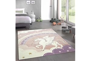 CARPETIA Dywan do pokoju dziecięcego, niebo, chmury, tęcza, jednorożec, różowy, kremowy, wymiary 200 x 290 cm
