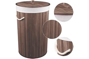 NEWTY Cesto de Bambú con Tapa para la Ropa Sucia Compartimento Cubo Colada Lavanderia Plegable con Asa de Cuerda Cesta de Almacenamiento Organizador Cubierta Bolsa Extraíble Laundry Basket (Rdo. L Ébano)