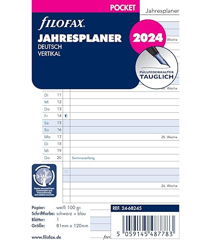 Filofax Kalender 2024 - 1 Woche Auf Zwei Seiten (für A6) (Neu (gemäss