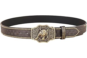 WANGCL Cinturones de Hebilla de Cuero Occidental Cinturón de Hebilla de Toro de Cuerno Largo de Vaquero Cinturones de Vaquero con Relieve Floral para Hombres (47,3 Pulgadas de Largo)