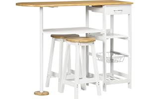 HOMCOM 3 Piece Bar Table Set, Breakfast Bar table and Stools with Storage Shelf, Drawer, Wire Basket and Wine Rack for Kitchen, Home Bar, Natural and White