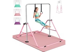 FBSPORT Barra de Gimnasia Artistica para Niñas con Tapete, Altura Ajustable y Anillos, Plegable Equipo de Gimnasia para Entrenamiento en Casa, Barra de Entrenamiento de Gimnasia Expandible Junior