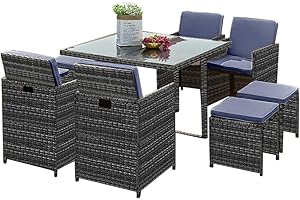 Panana 8 Seater Rattan Garden Furniture Set Dining Table and Chairs Stools Set Outdoor Patio and Conservatory Mixed Grey with Grey Cushions