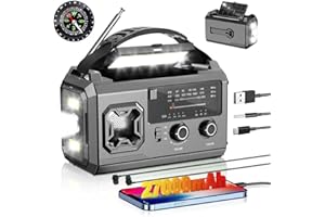 PAZEAU Radio à manivelle 27000mAh, Radio FM/AM d'urgence avec Bluetooth, Radio solaire portable avec chargeur de téléphone, Radio d'urgence avec alarme SOS/lampe de poche/boussole pour camping, plein air