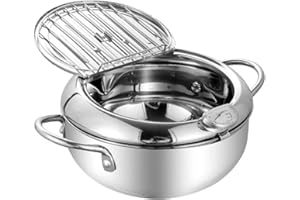TAMUME 2.5L Frittiertopf mit Edelstahldeckel und Abnehmbarem Abtropfgestell, Befestigt mit Frittierthermometer