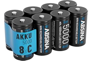 ABSINA 8 x bateria C Baby LR 14 do ponownego ładowania 5000 z niskim samorozładowaniem – C akumulator NiMH o min. 4500 mAh i 1,2 V – akumulator Baby C, bateria C LR14
