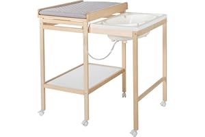 roba Table à Langer avec Baignoire Bébé Coulissante Baby Pool + Matelas à Langer Hydrofuge roba Style Gris - avec Tuyau de Vidange et 6 Roulettes - Bois Naturel / Blanc